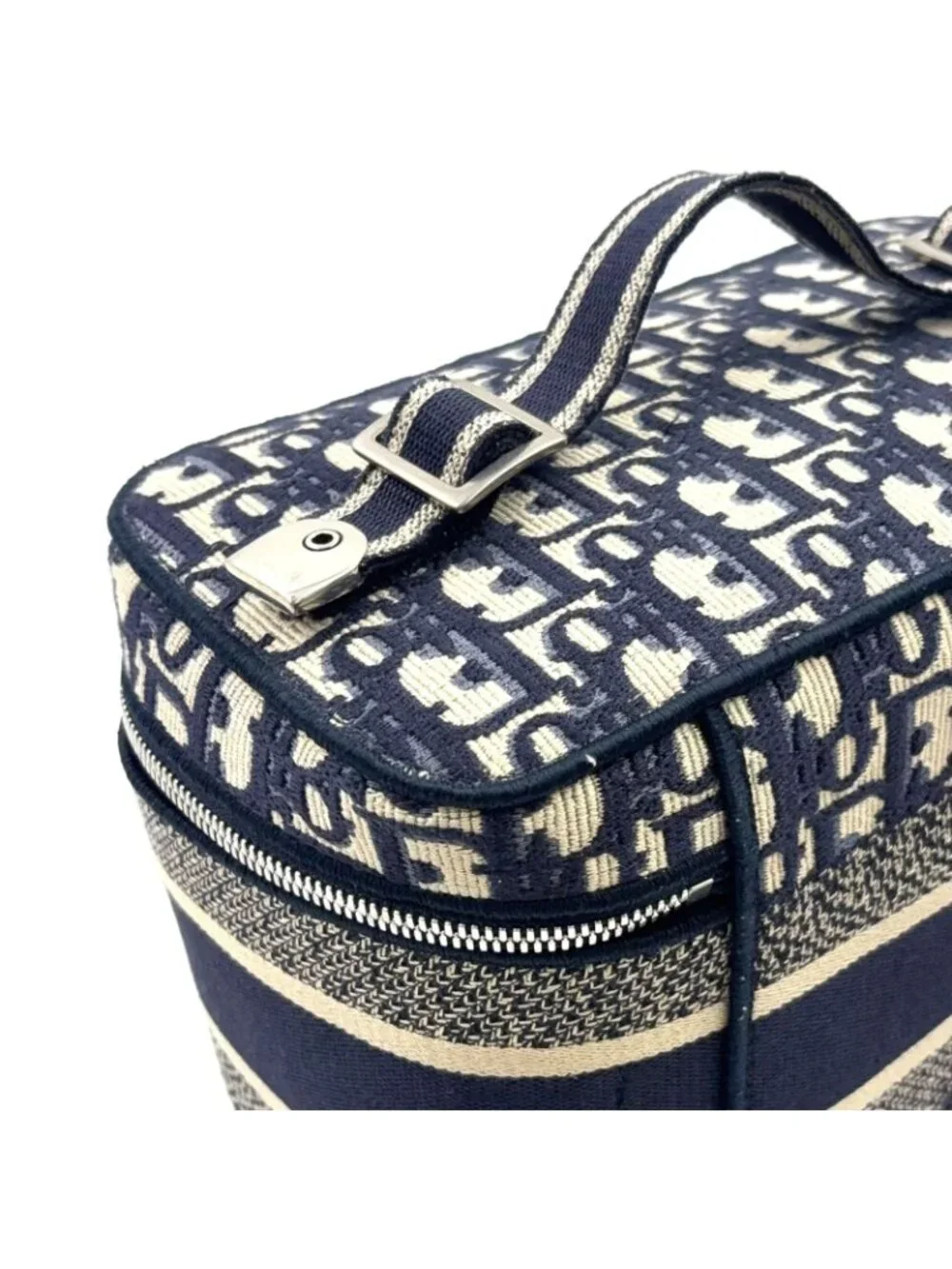 Dior Travel Vanity Cotton Off White Navy Handbag Silver